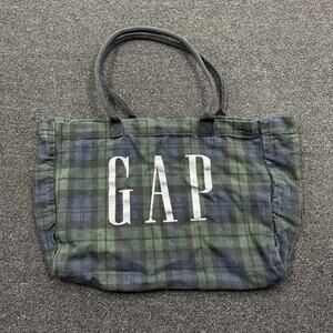 GAP Logo Blue & Green Plaid Tartan Canvas Tote Bag Faded Handle 16” x 13”